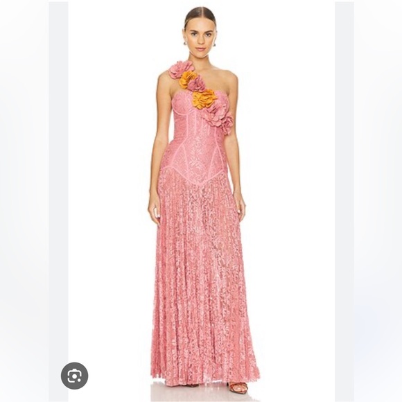 PatBO Hand -Embroidered Lace bustier pink Gown|Rose-One-Shoulder Floral Appliqué - Picture 7 of 8